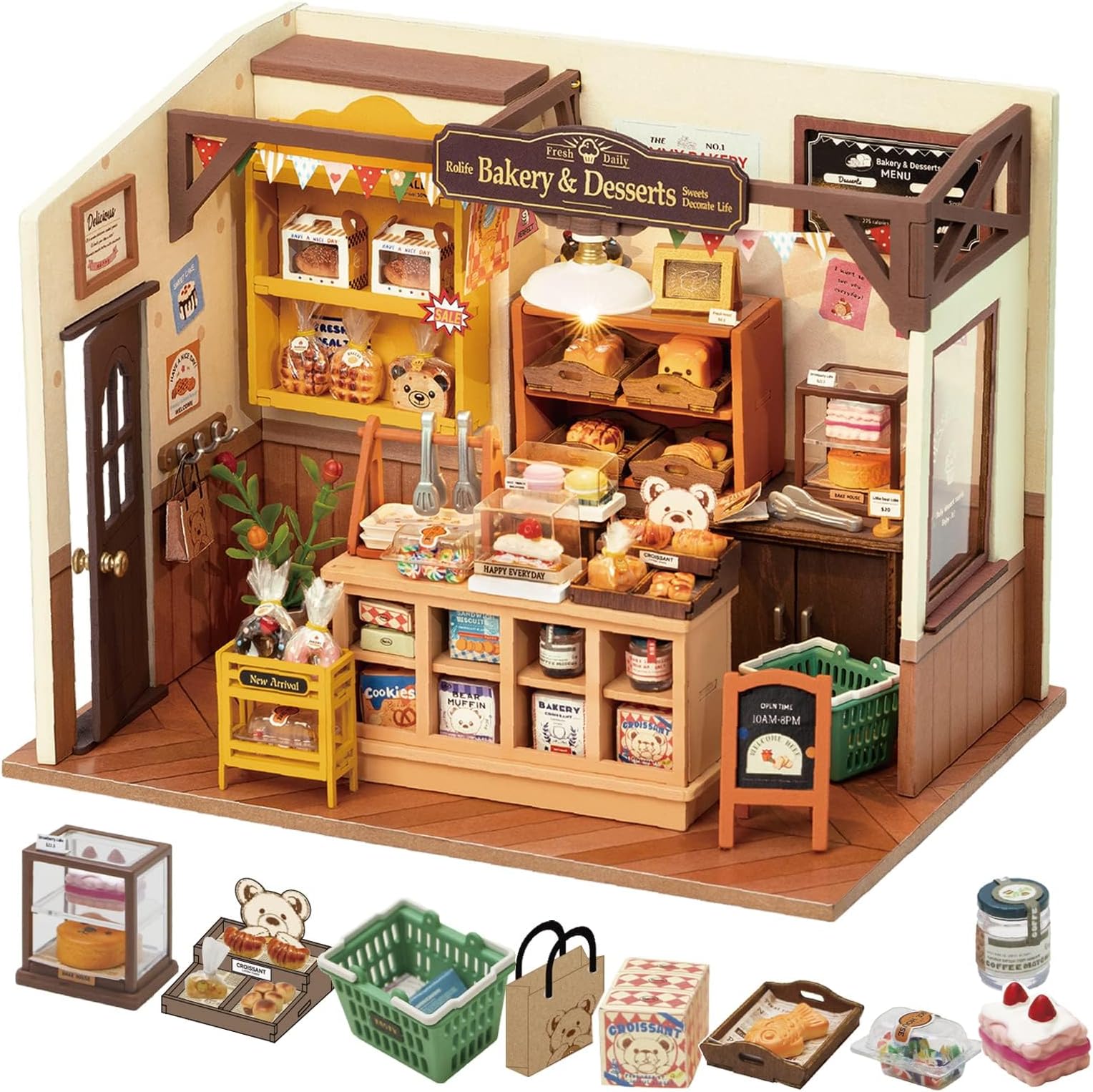 Rolife DIY Miniature Doll House Kit, Build Becka's Bakery Diorama House Building Set with LED Room Hobby Craft for Aduls Uniue Gifts for Adults