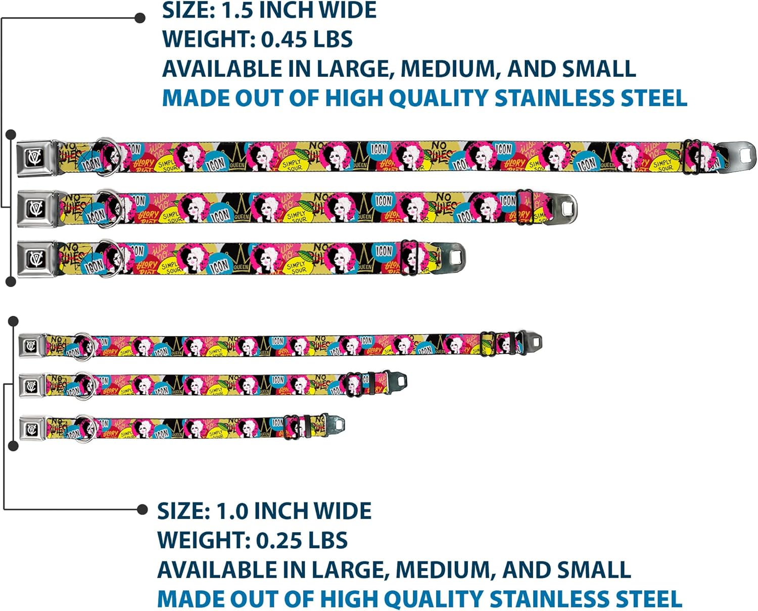 Dog Collar Seatbelt Buckle Cruella de Vil Cruell World and Round Badge Icons Collage 15 to 24 Inches 1.0 Inch Wide