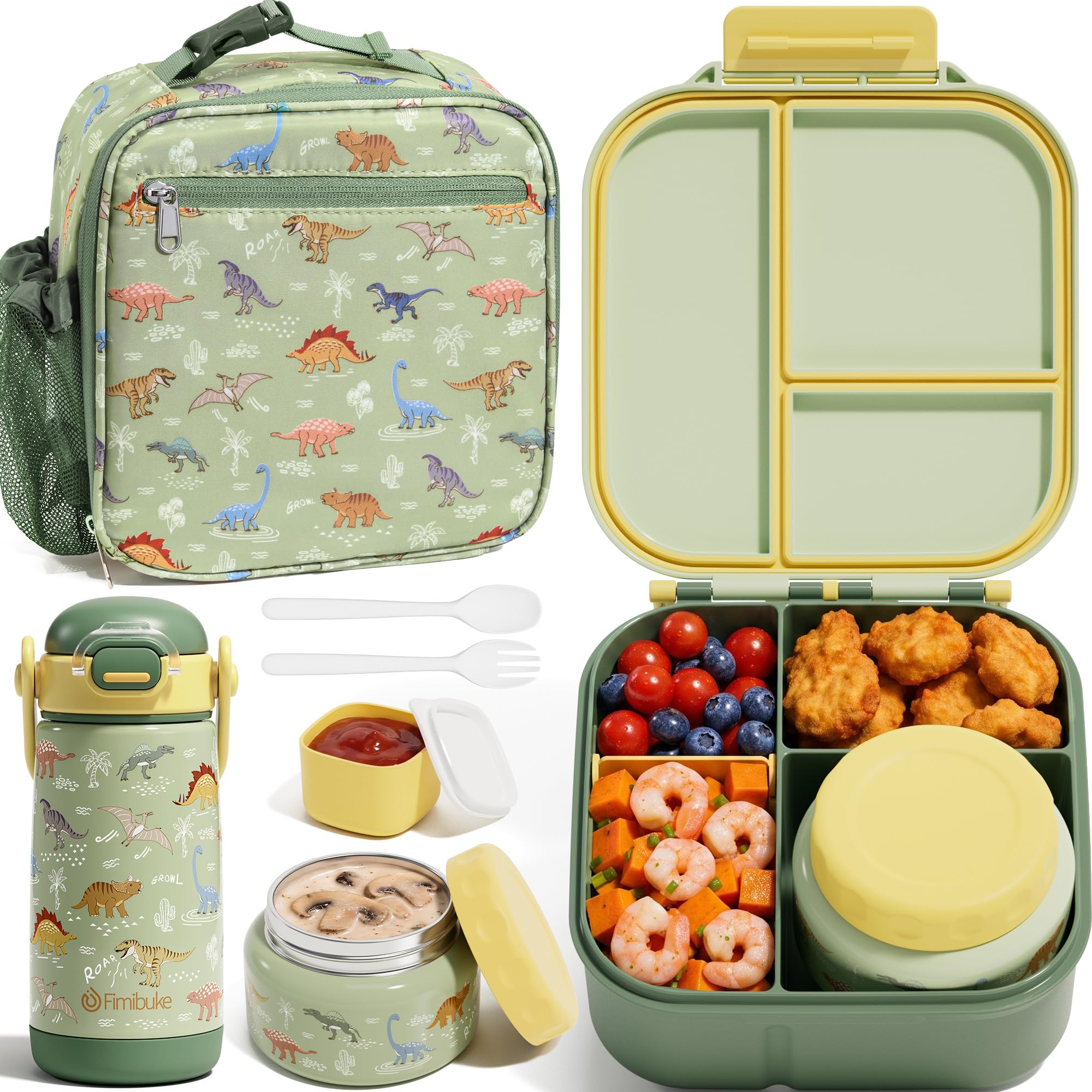 Fimibuke Kids Bento Lunch Box w/Insulated Water Bottle, Lunch Bag &amp; Thermo