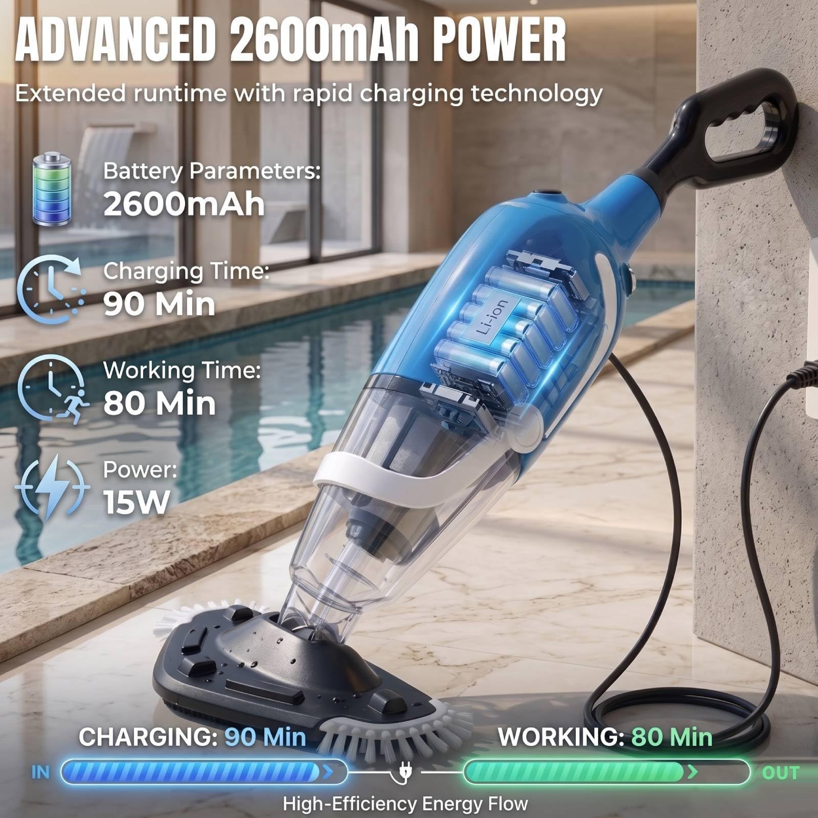 Bostar Aspirateur de piscine sans fil 120 l/min avec barre télescopique, autonomie de 80 minutes, double filtration, aspirateur à main pour petites piscines, spa, piscine de jardin