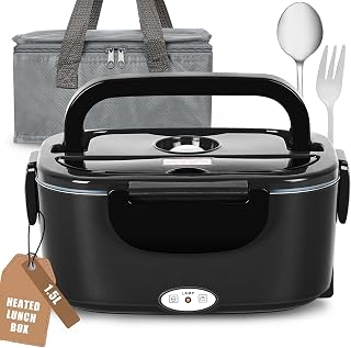 Electric Lunch Box for Adults, 1.5L Dual Compartment Heated Lunch Box | 80W Protable Fast Heating Food Warmer for Home Office Car Truck, Lonchera Electrica Portátil 12V/24V/110V-230V, Black