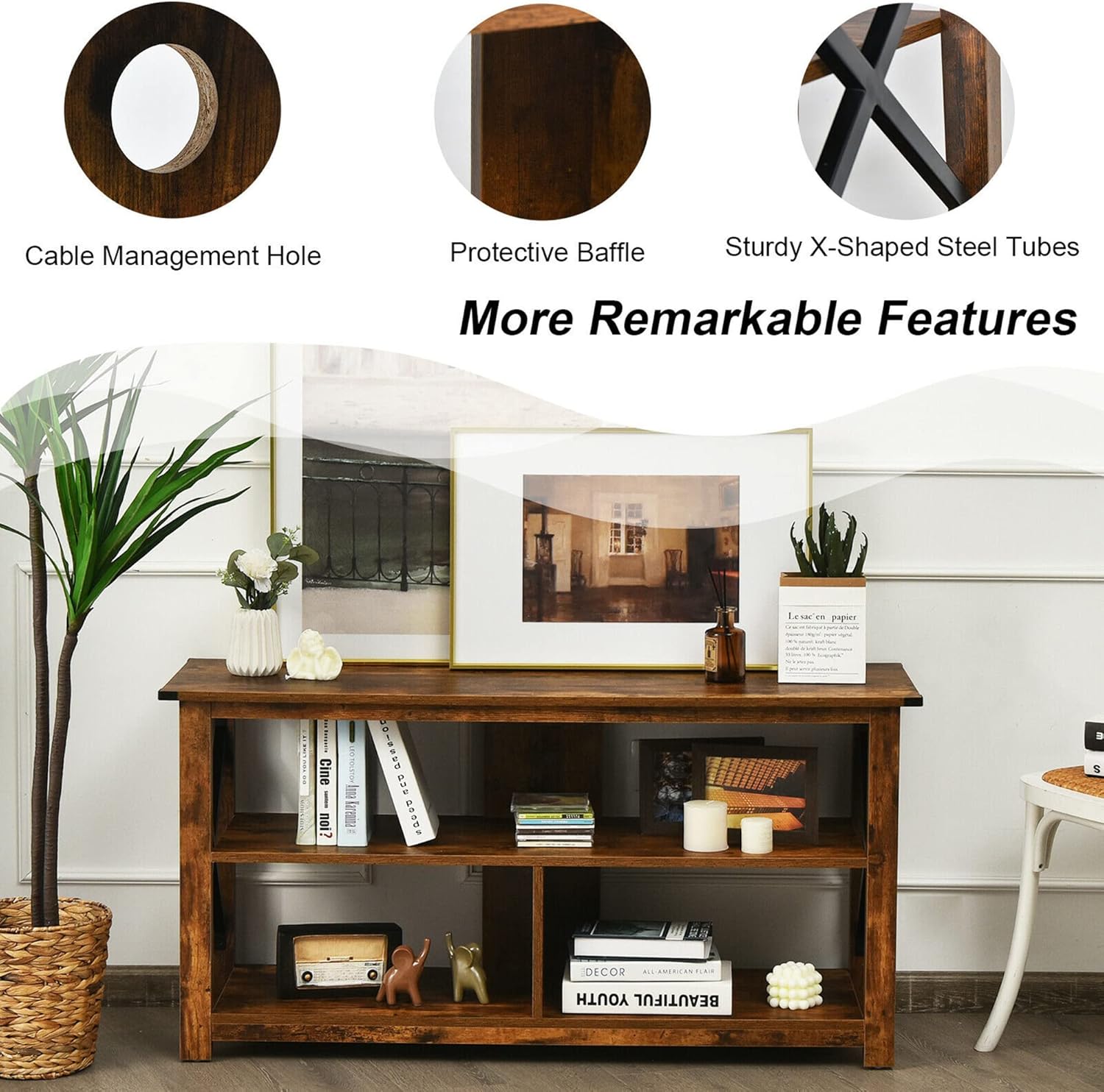 DORTALA 3-Tier TV Stand for TVs up to 55", Farmhouse Entertainment Center w/Open Shelves, Sturdy X Style Frame, TV Console Table for Living Room, Bedroom, Brown