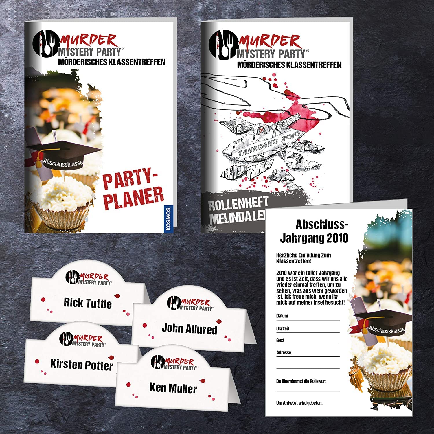 KOSMOS 695170 Murder Mystery Party - Mörderisches Klassentreffen, Das Krimi-Dinner für zu Hause, Komplett-Set für 8 Personen ab 16 Jahren, Partyspiel, unterhaltsames Gesellschaftsspiel