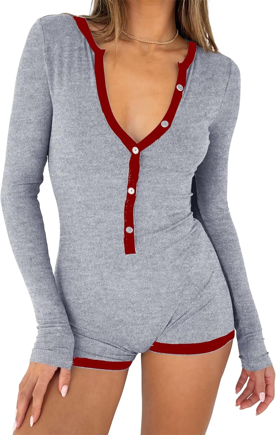 LACOZY Long Sleeve Rompers for Women V Neck Shorts Jumpsuit One Piece Bodysuit Y2k Pajamas Yoga Gym - Amazon product rated Grade C