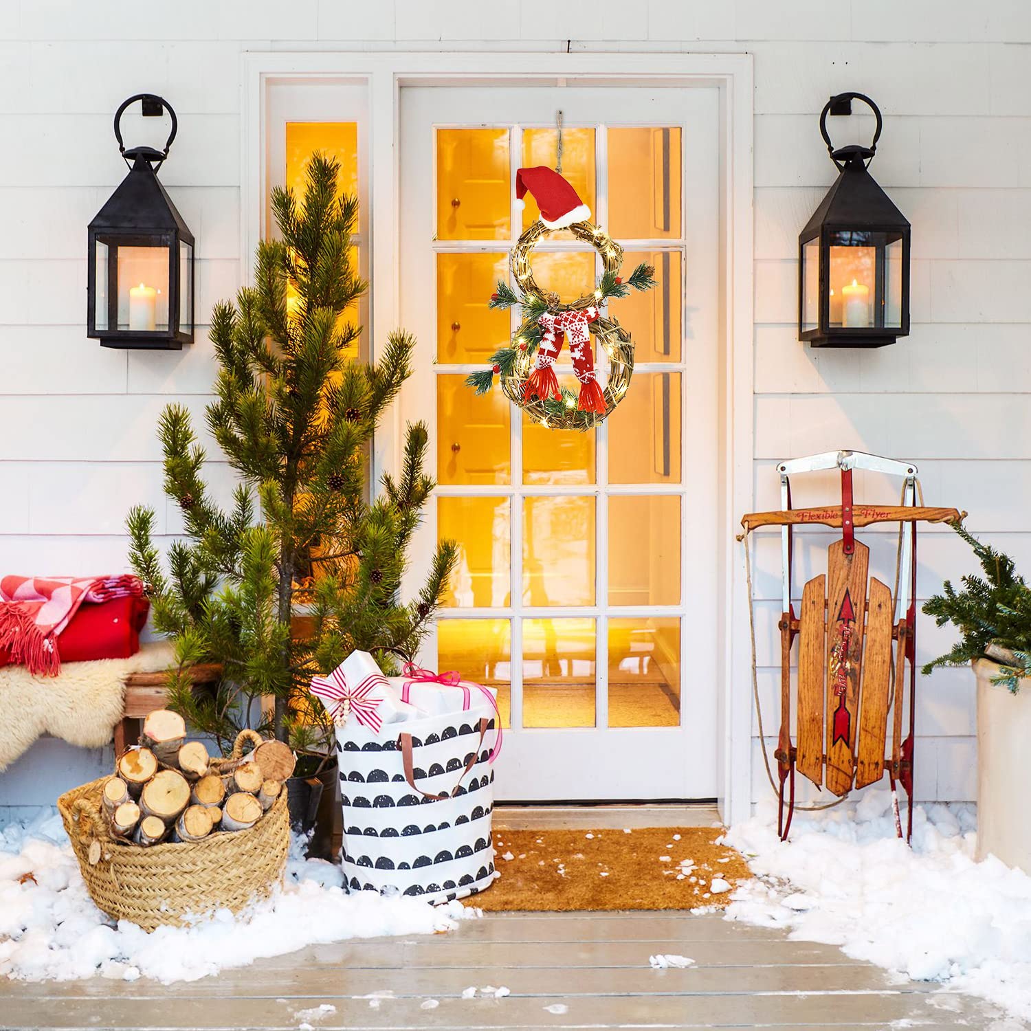 DearHouse Lighted Christmas Decoration, 16 x 8 Inch Grapevine Wreath with Hat and Scarf Snowman Shape for Front Door Home Garden Wall Decor