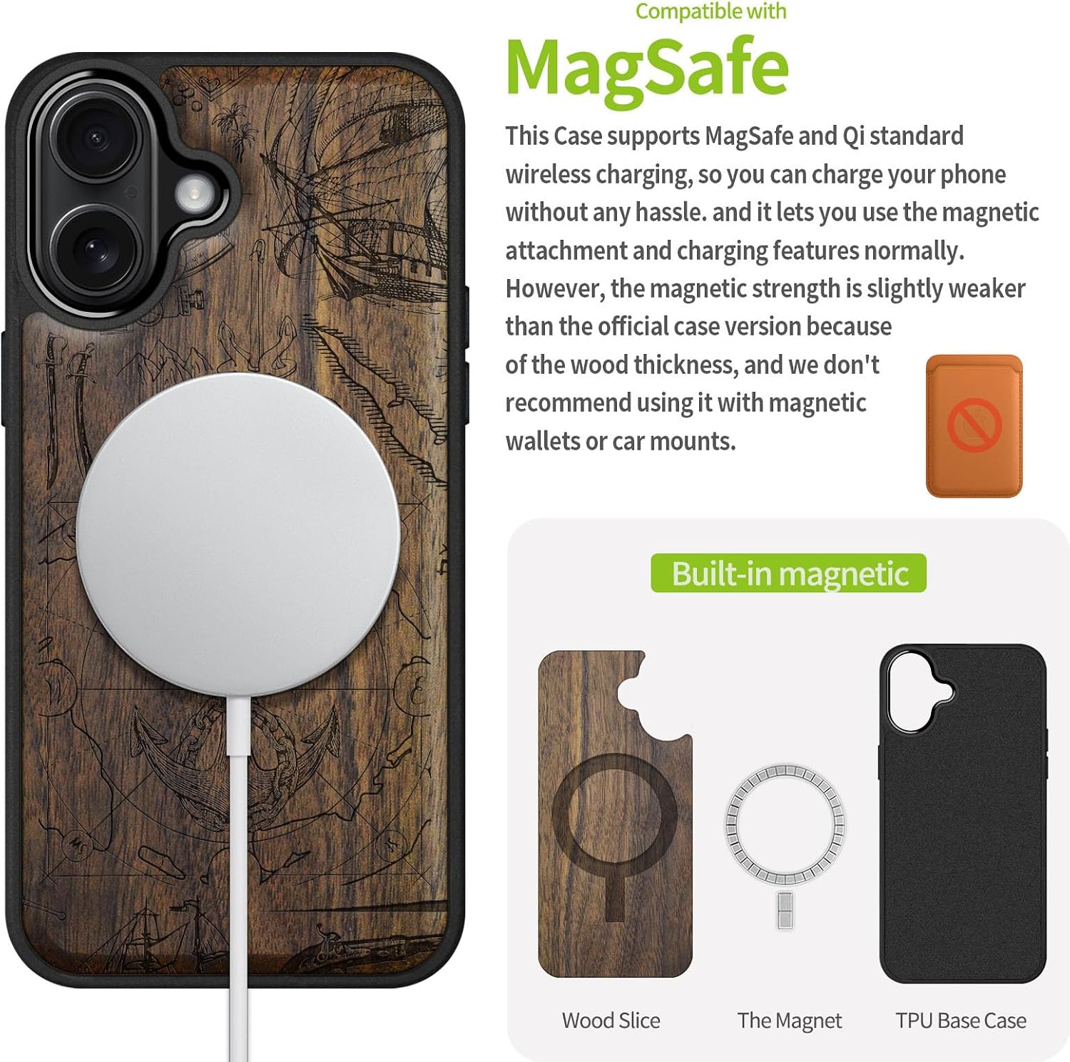 Carveit Magnetic Wooden Case for iPhone 17 Case, Wood Artisan Engraved & Black Soft TPU Shockproof Cover, Compatible with MagSafe Wireless Chargers (Vintage Pirate Anchor) Walnut