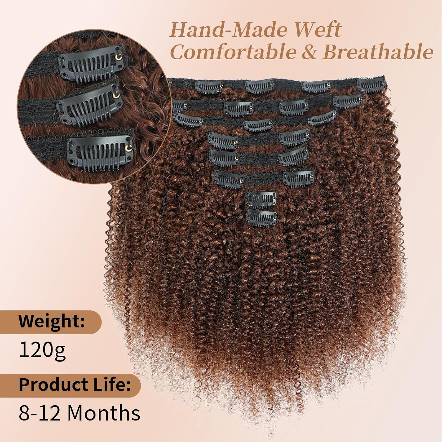 Afro Kinky Curly Clip Ins Human Hair 4C Hair Clip in Extensions Real Natural Human Hair for Black Women 8 pecs with 20 Clips 120g Dark Brown Color 16 Inch
