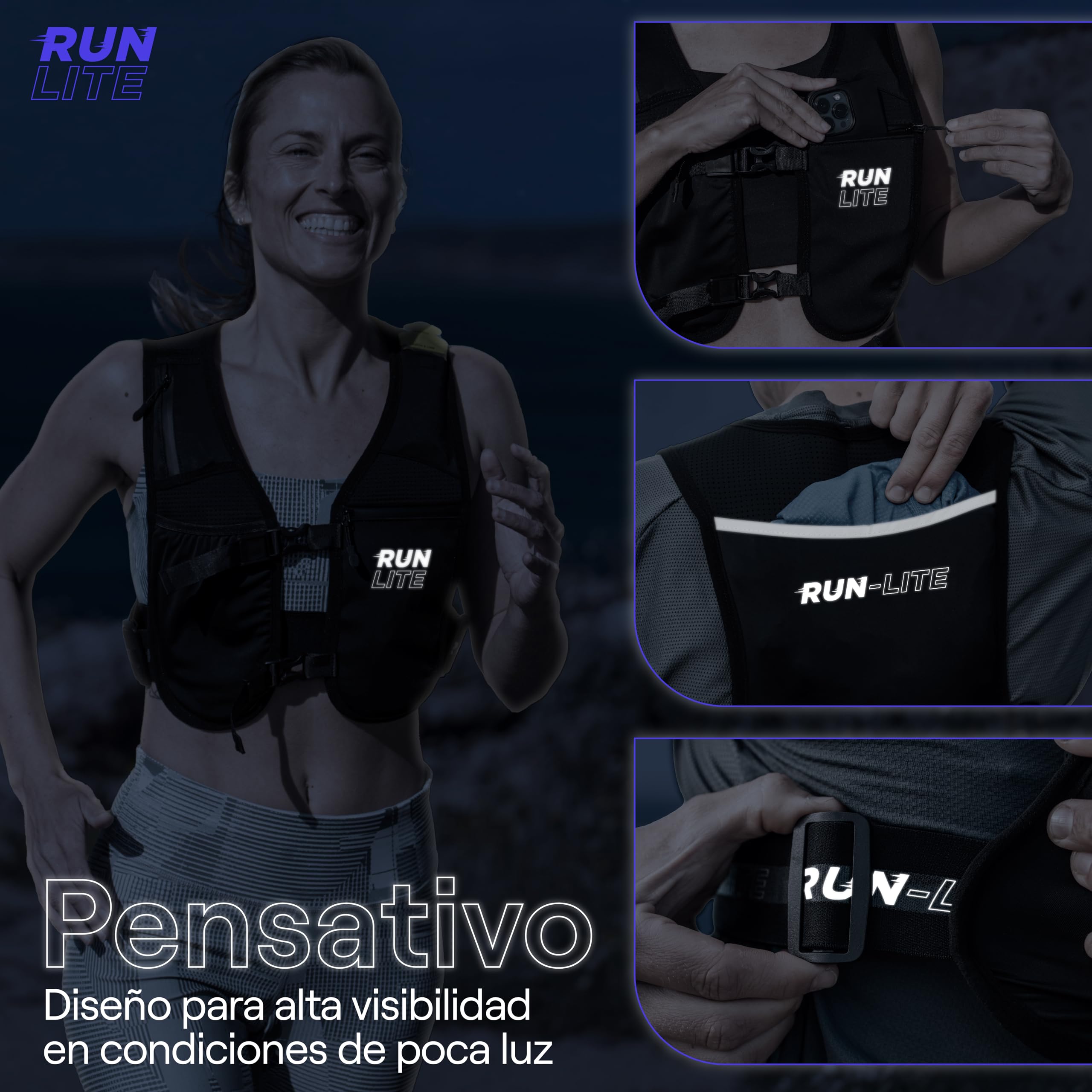 Chaleco Running Ligero con Bolsillos para Móvil – Chaleco Trail Running Reflectante, Impermeable y Ajustable, Unisex M/L (84-112 cm)
