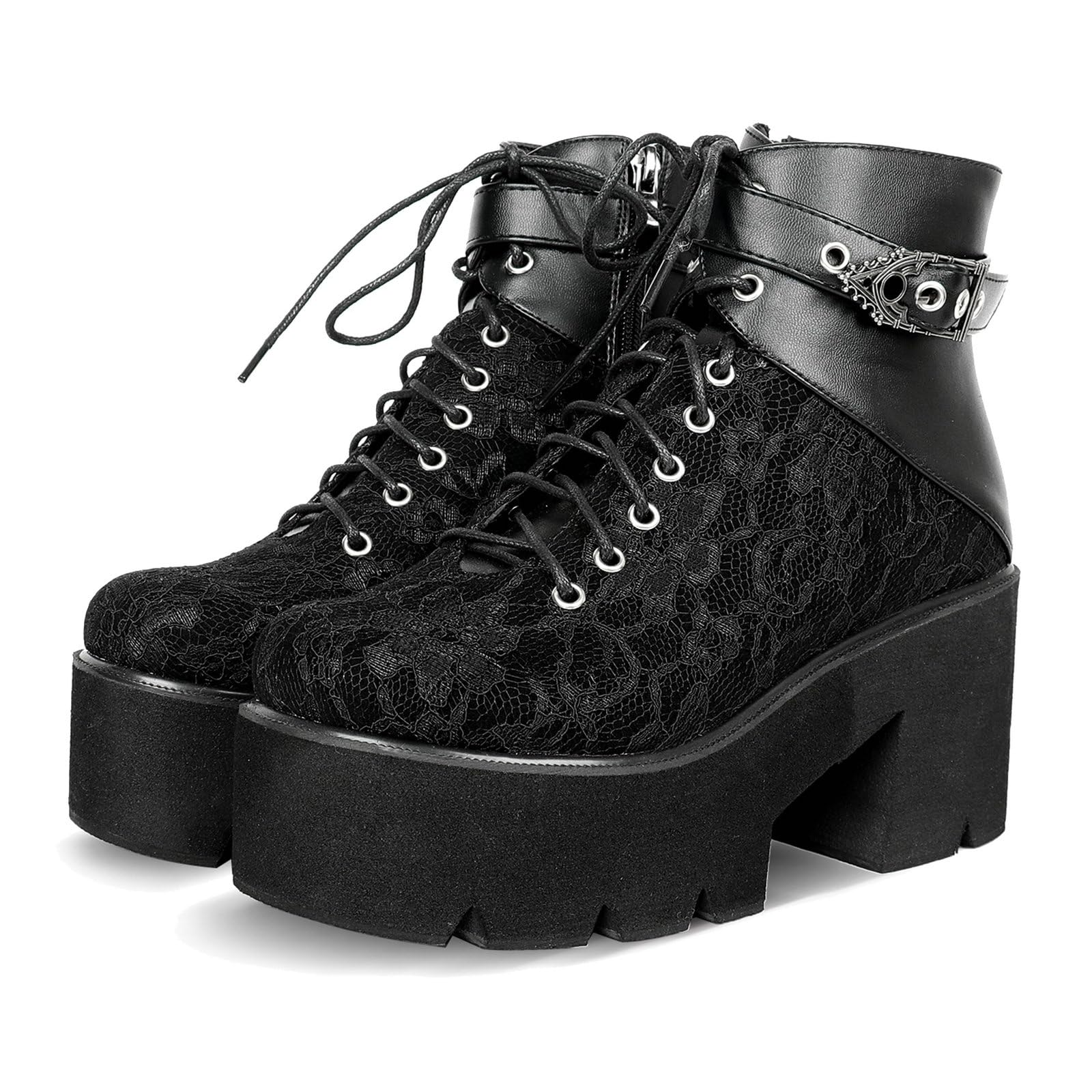 Parisuit Womens Victorian Lace Platform Goth Boots Chunky High Heels Ankle Boots Lace-Up Punk Combat Booties