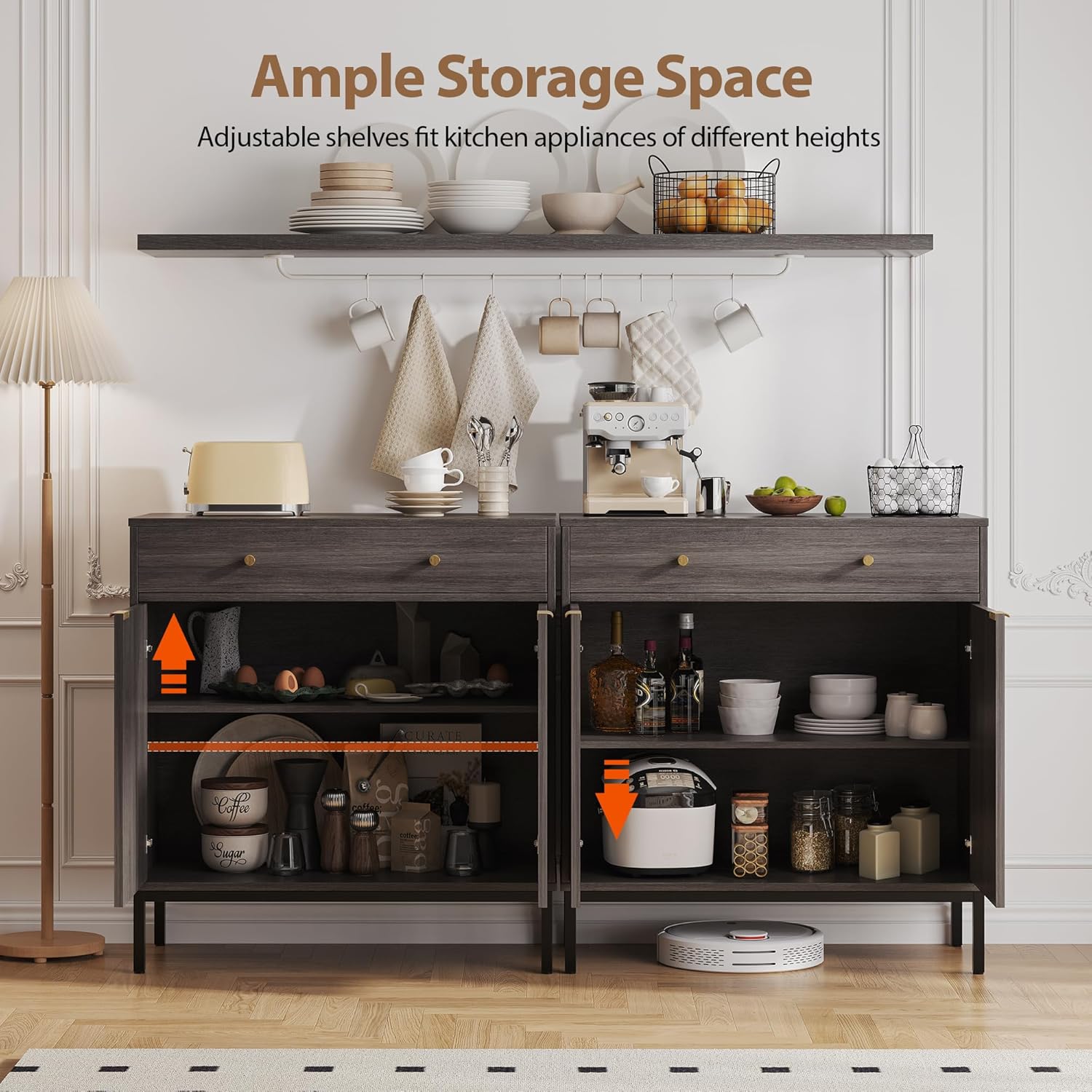 Mericonia Farmhouse Buffet Sideboard Cabinet with Storage, Fluted Coffee Bar with Doors and Adjustable Shelves, Modern Wood Console Cabinet for Kitchen, Livingroom (Fluted 2 Door, Grey)