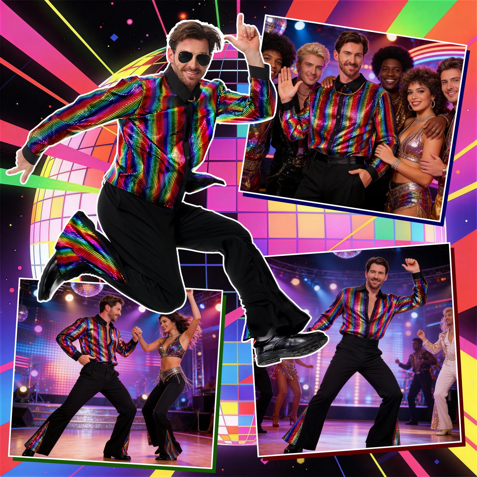 PATEMZON Disfraz de Discoteca para Hombre, 70s Disco Adulto Costumes Disfraz Hippie, Camisa Retro Pantalones de Campana Peluca Gafas de Collar Bigote para Carnaval y Fiesta Temática