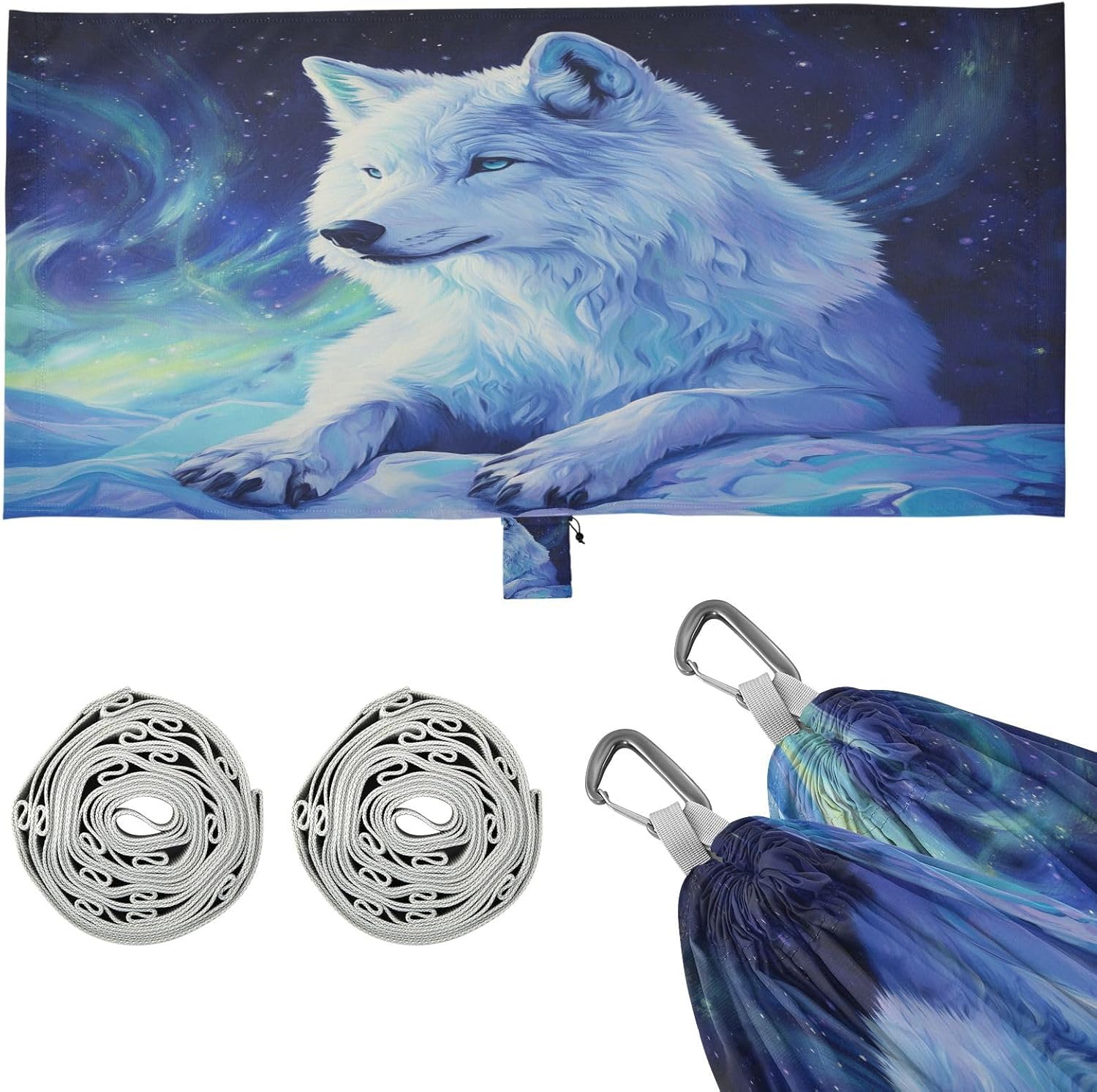 ALAZA Arctic Wolf Camping Hammocks Single or 2 Person 500 lbs Portable Parachute Travel Hammock w/Tree Straps for Hiking Backpacking Indoor Outdoor