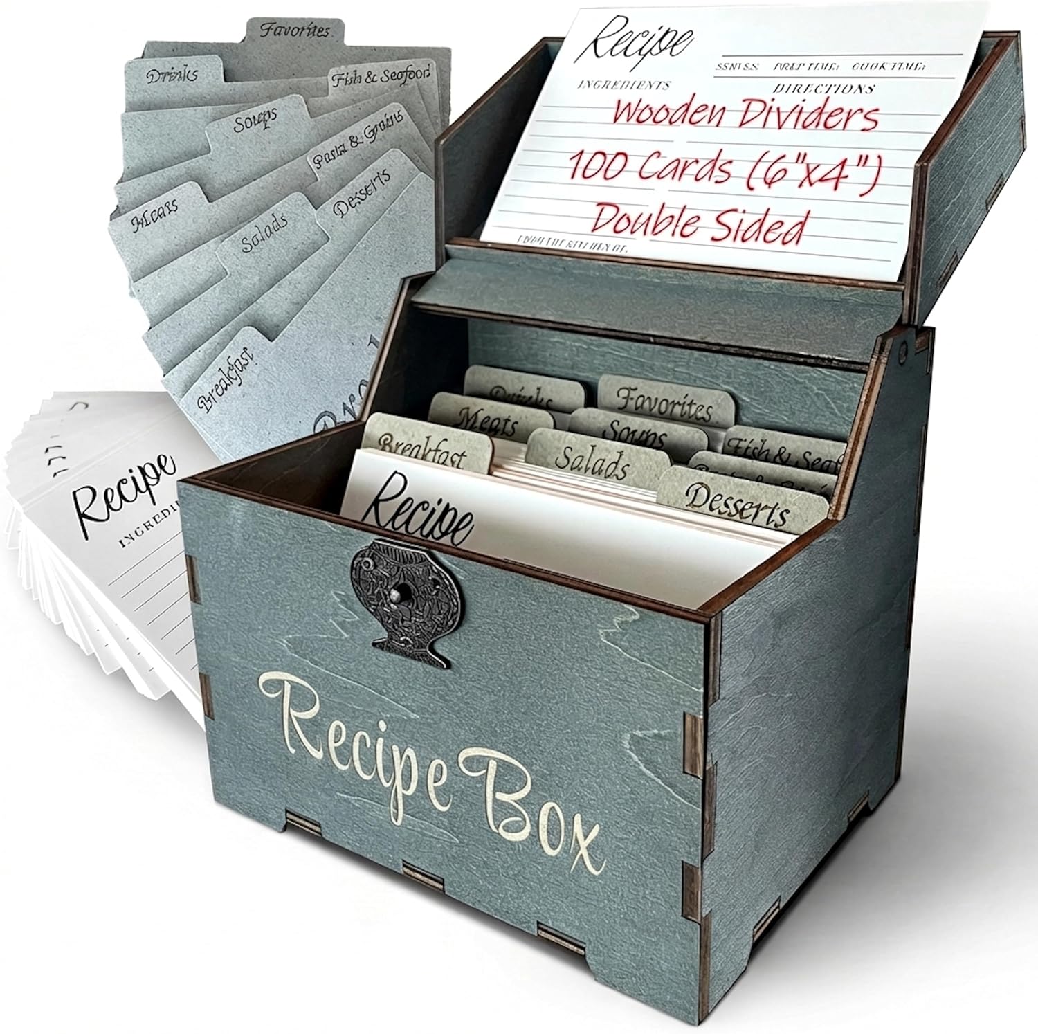 Albino monkey Recipe Box Set with 100 Cards & 9 Wooden Dividers, 4x6 Card Holder with Index Tabs, Rustic Kitchen Decor, Storage Organizer - Rustic Dark Teal