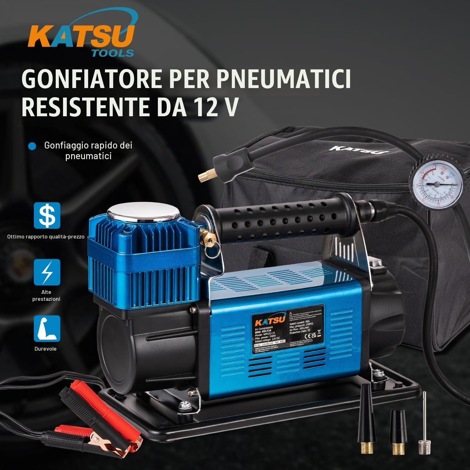 KATSU Tools Compressore Aria Portatile Auto Professionale 150PSI 12V 45 Amp Grande Volume 4WD Gonfiatore per Pneumatici per Auto Pompa per Auto Camper SUV Camion