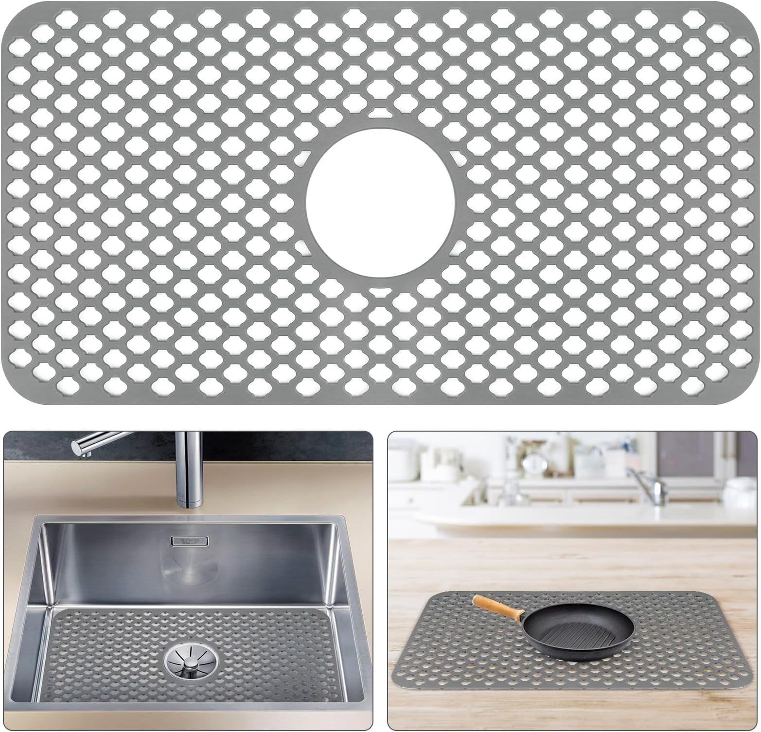 Silicone Sink Protector Mat 63*33 cm, Single Bowl Sink Protectors for Kitchen Sink Tray, Center Drain Kitchen Sink Mat for Bottom of Sink Liner, Sink Protector Grid for Farmhouse Stainless Steel Sink