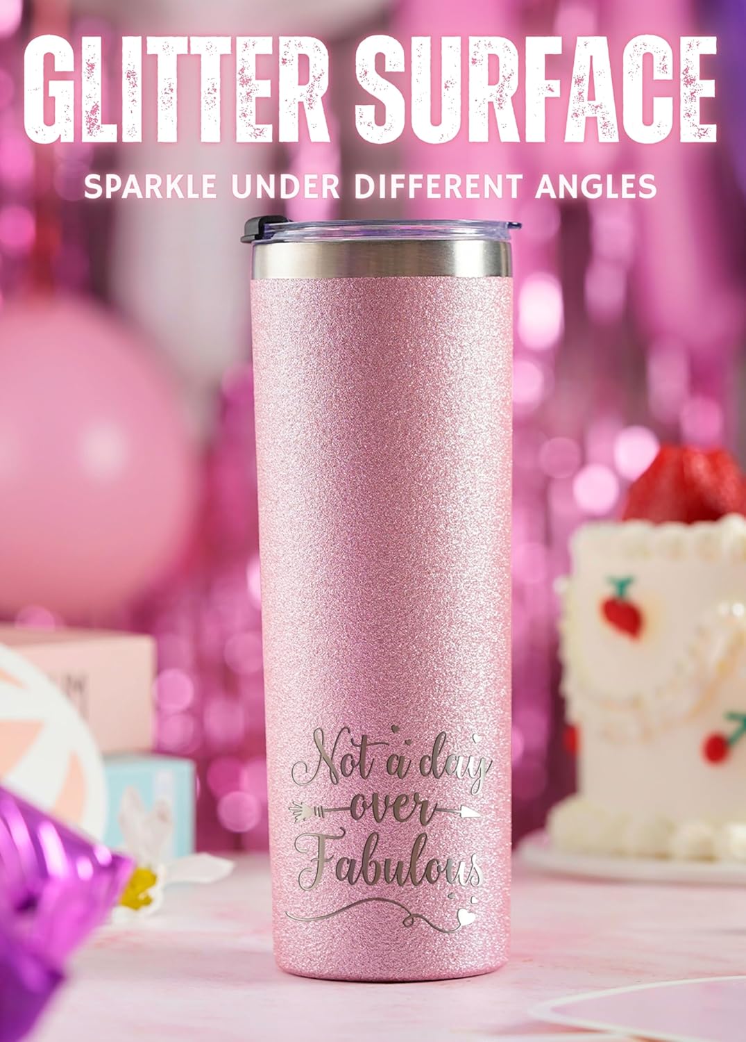 Onebttl 40th Birthday Gifts for Women, Female, Her, 40 and Fabulous, 20oz/590ml Stainless Steel Insulated Glitter Tumbler, Glitter Rose Gold - Image 3
