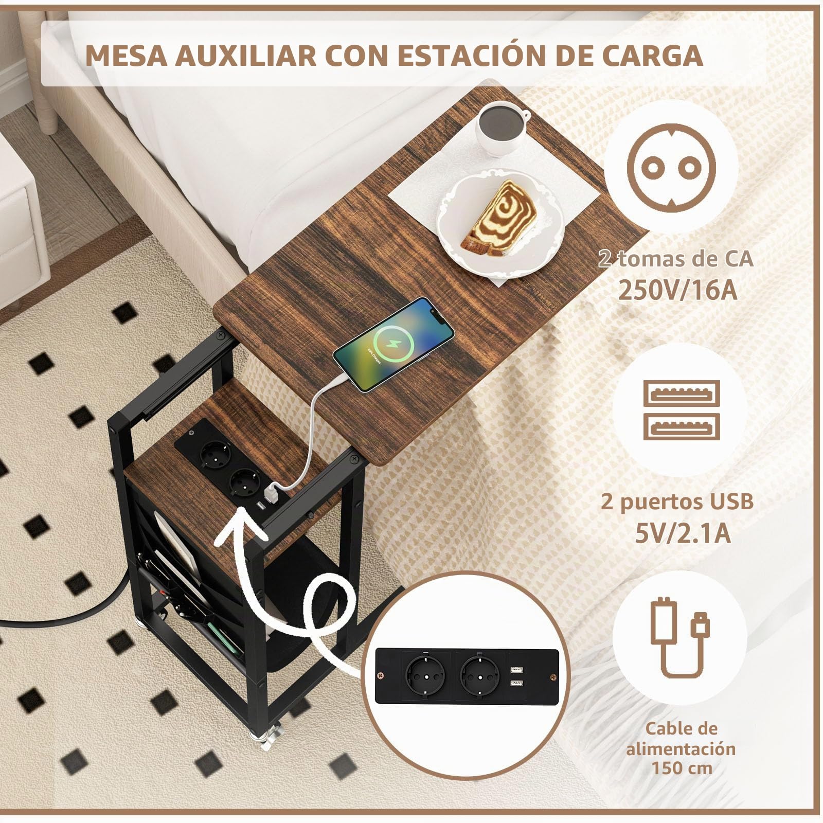 LIFEZEAL mesa Auxiliar con Enchufe, Almacenaje en Forma de C con Ruedas, Pequeña para Sofá, Portátil con Bolsillo Lateral, Salón, Dormitorio (Marrón)