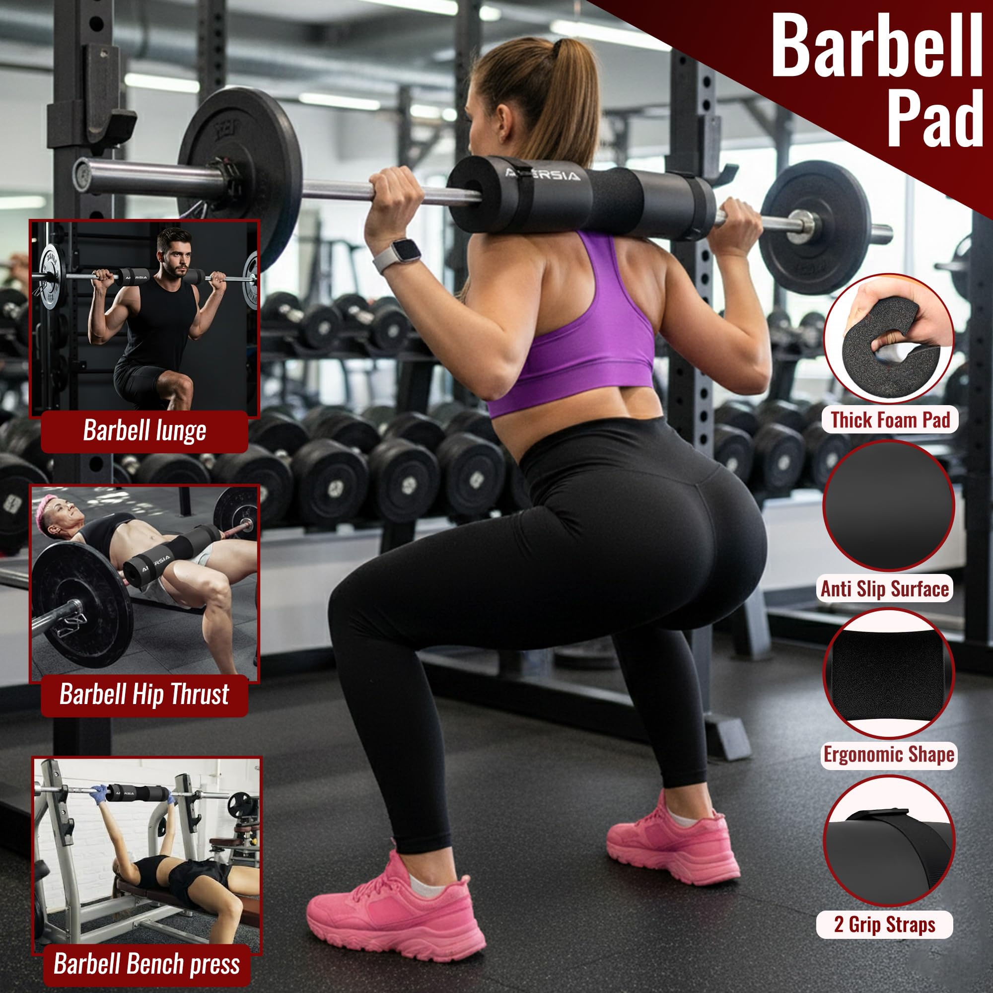 Juego de 11 almohadillas para pesas – Cojín para sentadillas para empujes de cadera, correas de levantamiento de pesas, bandas de resistencia y clips de barra – Kit de gimnasio para