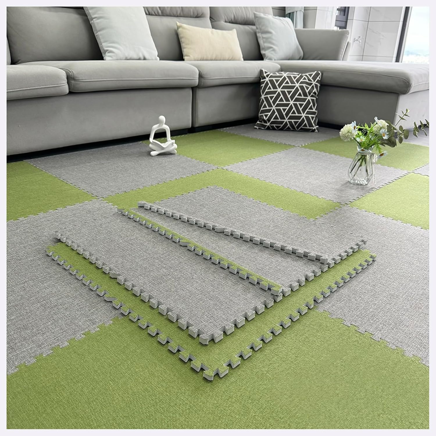 JvFbjLF Foam Interlocking Floor Mat 60cm Large Size Puzzle Area Rugs Play Mat DIY Square Carpet Soft Foam Flooring Tiles(Dark Gray+Green,30pcs)