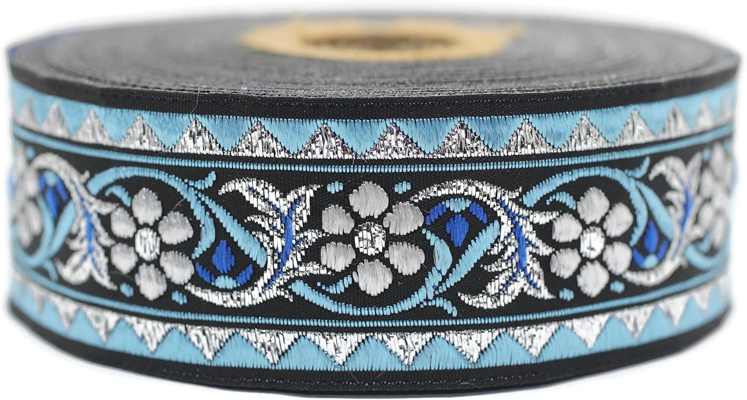 35 mm Bavarian Spring time Floral Blue Jacquard Trim (1.37 inches), Floral Ribbon, Tapes, Band, Jacquard Ribbon, Ruban, Ribbons, 35904