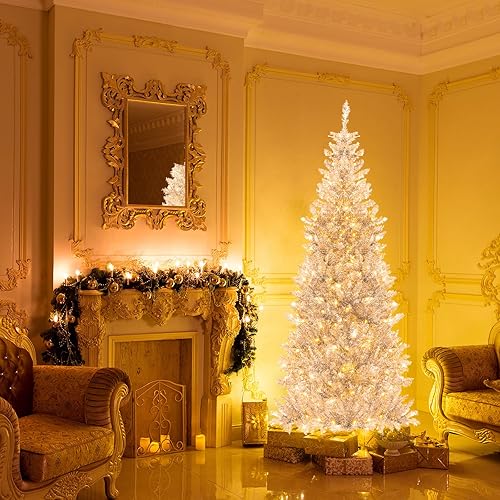 Miniatura 3 de HAPPYGRILL Árbol de Navidad artificial preiluminado de 6 pies, árbol de Navidad con bisagras con 790 puntas de rama, 300 luces LED blancas cálidas,