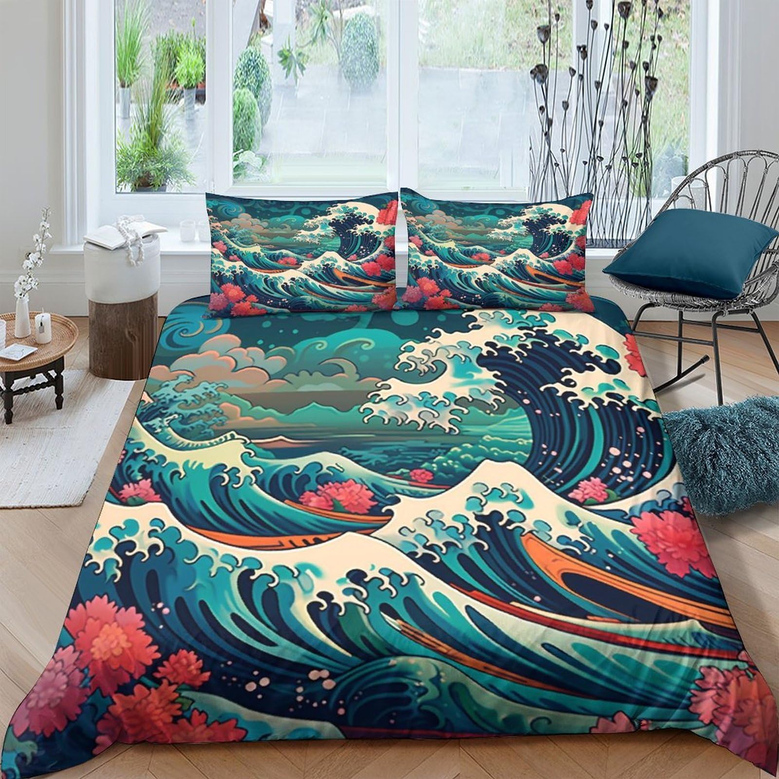 Ctjqhvkz Style-1 3D Printed Great Wave Fitted Sheet Microfiber Soft Anti-Slip Japanese Ocean Blossom Bed Cover Bedroom Decor Single（135X200cm）