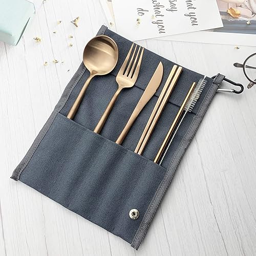 Miniatura 2 de JASHII Utensilios de campamento reutilizables de acero inoxidable con bolsa, juego de cubiertos de viaje de 7 piezas con cuchillo de pajilla,