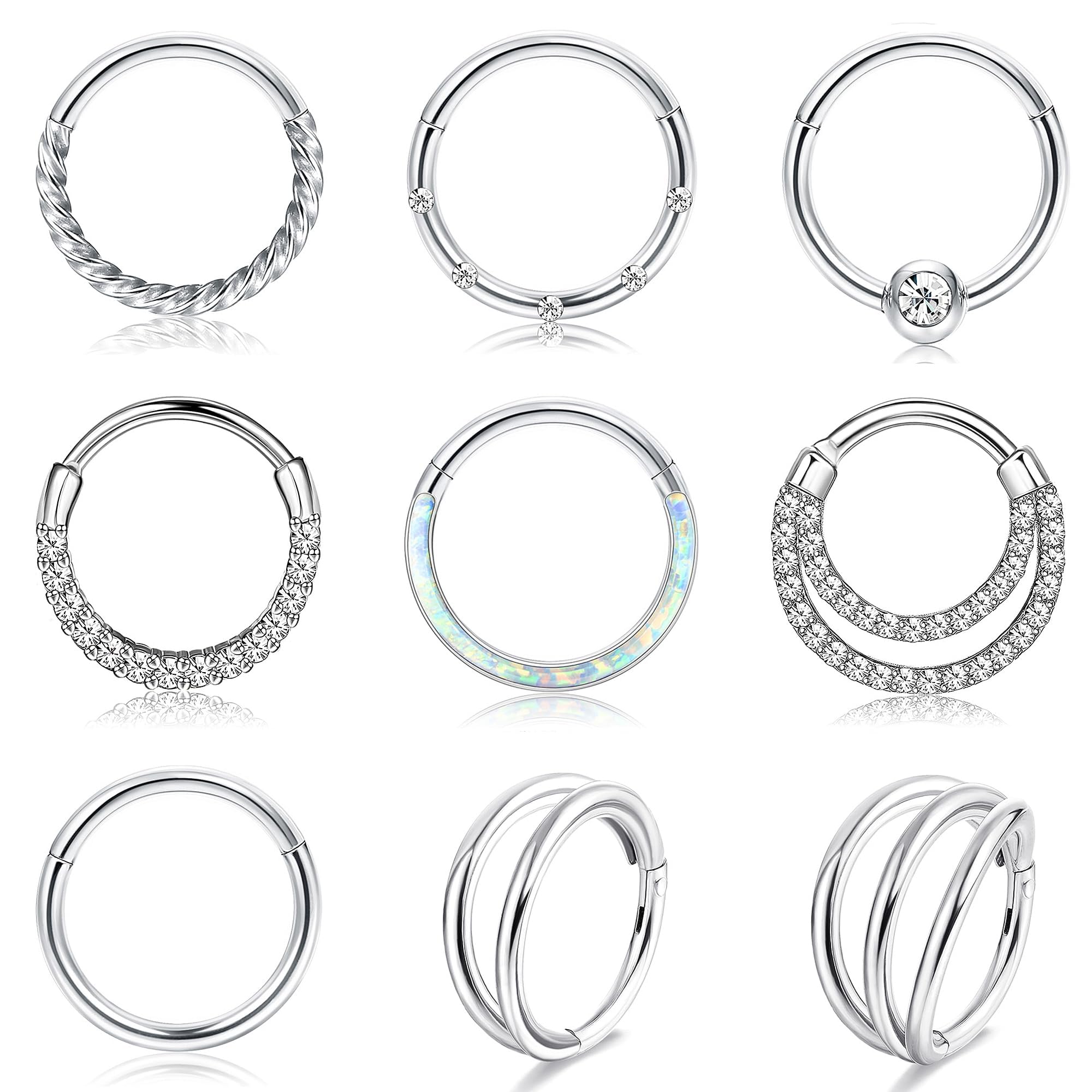 FIOROYAL 9 Piezas Piercing Nariz Septum Acero Quirúrgico para Mujer Hombre Tragus Conch Helix Cartílago Daith Oreja 16G CZ Septum Clicker Segmento Anillo Piercing Nariz Aro 8mm 10mm