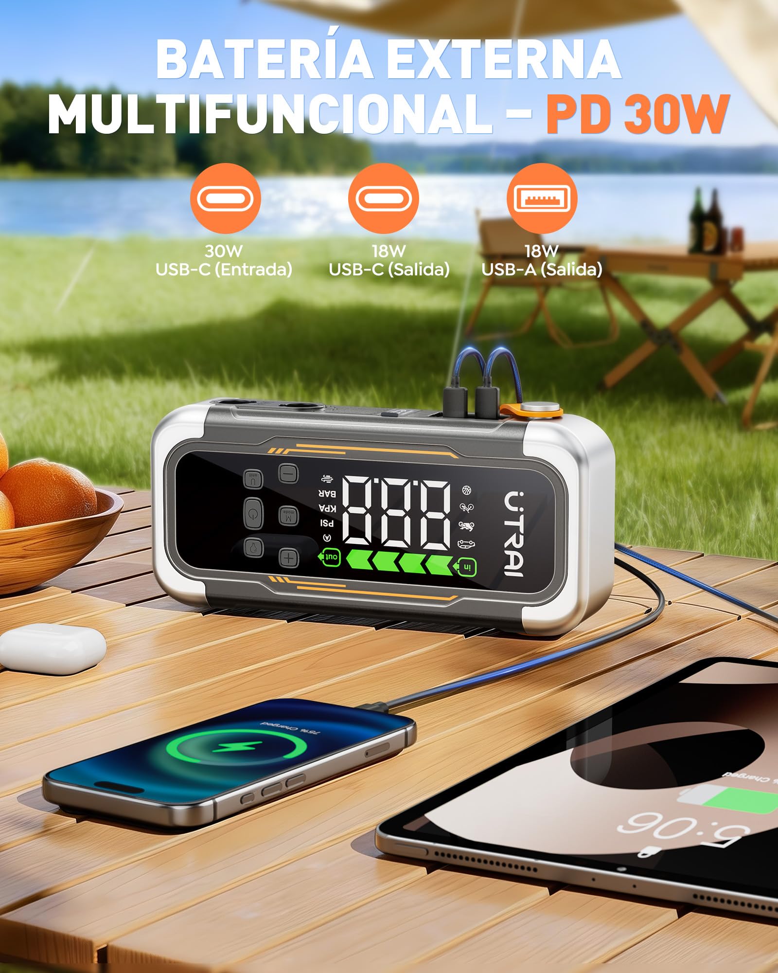 7000A Arrancador de Baterías de Coche con Compresor de Aire y Soplador,UTRAI 12V Arrancador de Coche Portatil con 30W PD,Luz de Emergencia,Pantalla LCD,800-Lumen LED (Todo Gas/12,0L Diésel)