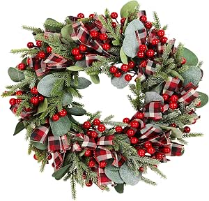 Dolicer 16-Inch Christmas Wreath With Poinsettia & Lights – Red & Green Holiday Door Wreath For Front Porch, Window, Fireplace – Indoor/Outdoor Decor