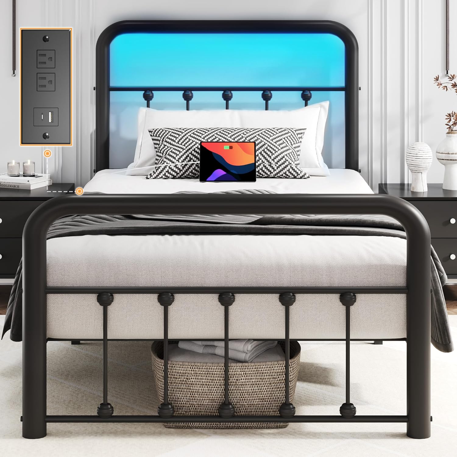 Fluest 14 Inch King Bed Frame Classic Metal Platform Bed Frame with Charging Station & LED, Victorian Style Iron-Art Headboard/Footboard, Under Bed Storage, No Box Spring Needed, Noise Free