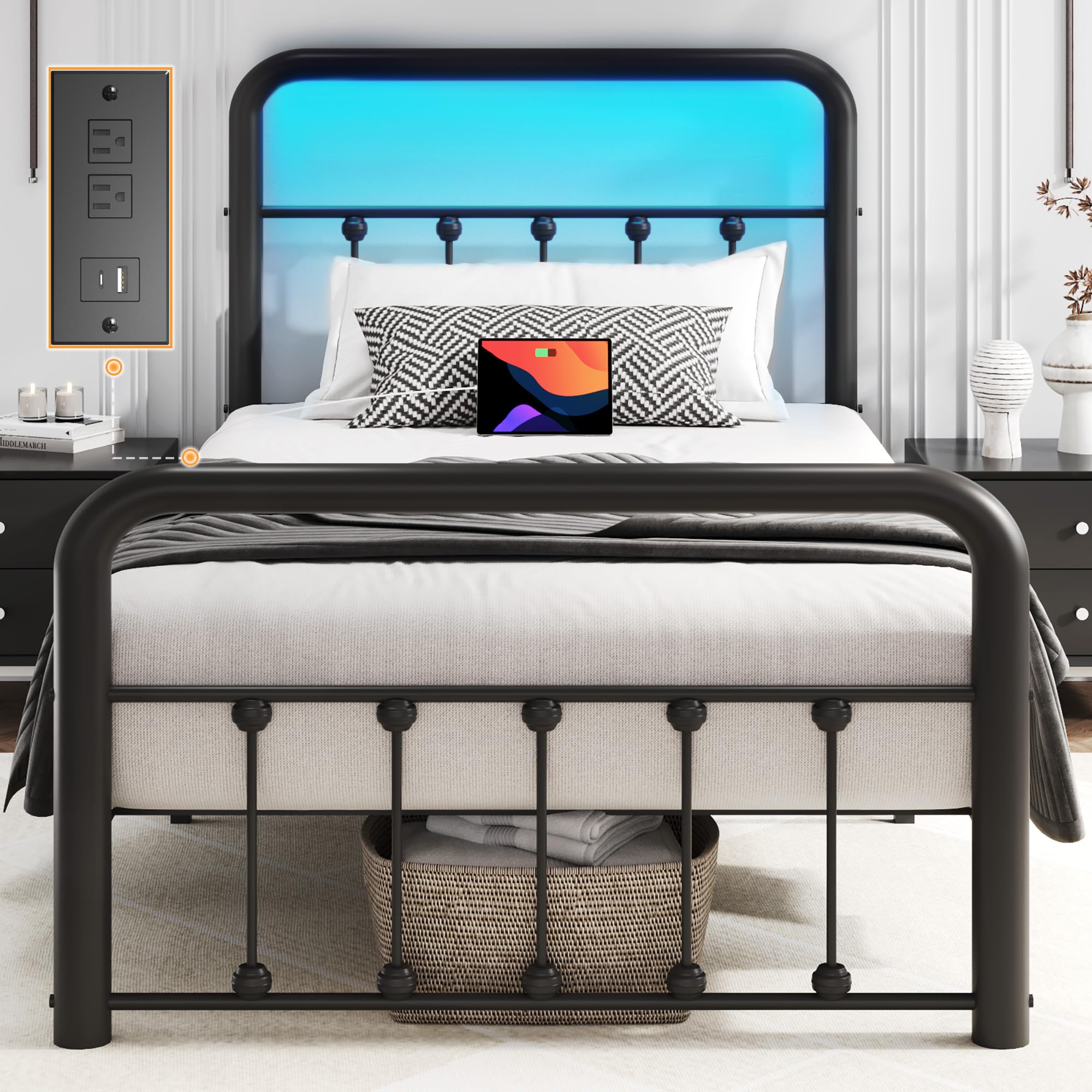 Fluest 14 Inch Twin Bed Frame Classic Metal Platform Bed Frame with Charging Station & LED, Victorian Style Iron-Art Headboard/Footboard, Under Bed