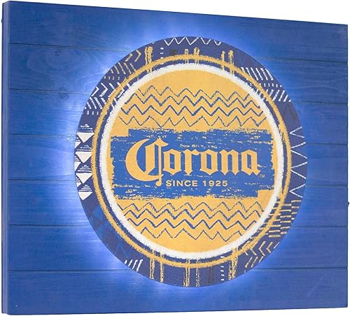 Corona - Letrero vintage con retroiluminación LED, 18 x 15 pulgadas, letrero de metal serigrafiado montado en una parte superior azul y