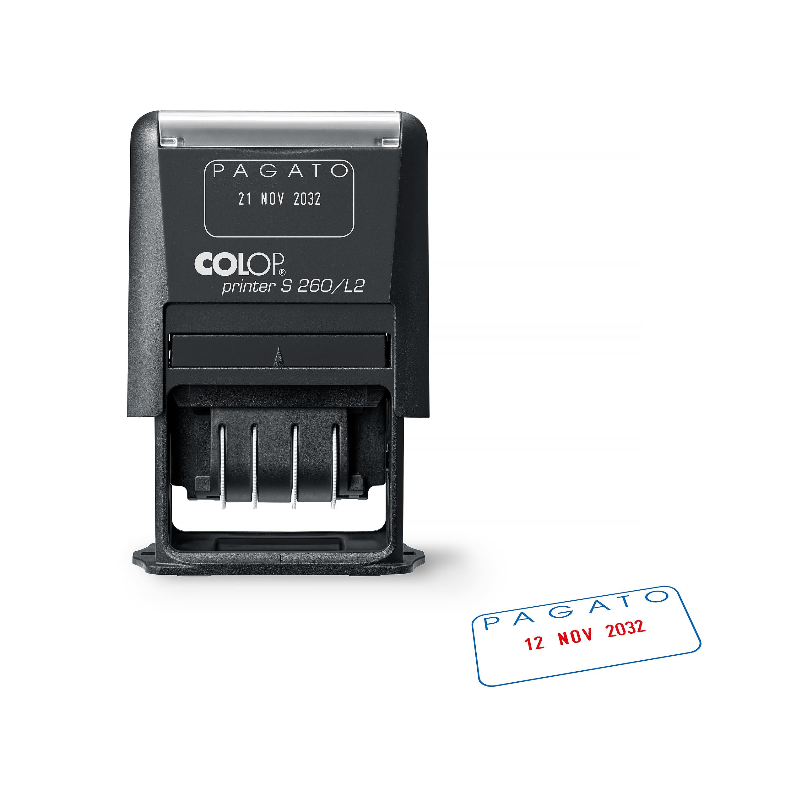 COLOP Timbro della data Printer S 260/L2 con testo "PAGATO", lingua: Italiano (D07), colore dell'impronta digitale: blu/rosso