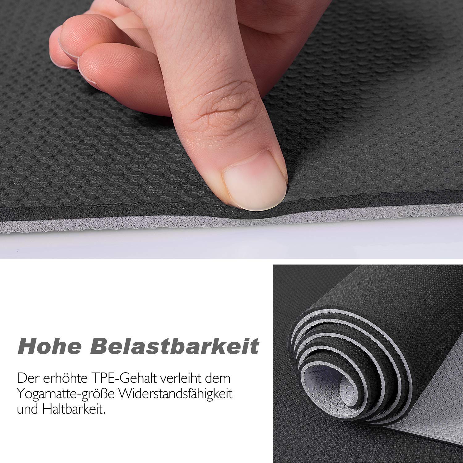 TOPLUS - Tappetino da ginnastica o da yoga, imbottito e antiscivolo, adatto per fitness, pilates e ginnastica, con tracolla, 183 x 61 x 0,6 cm, Nero