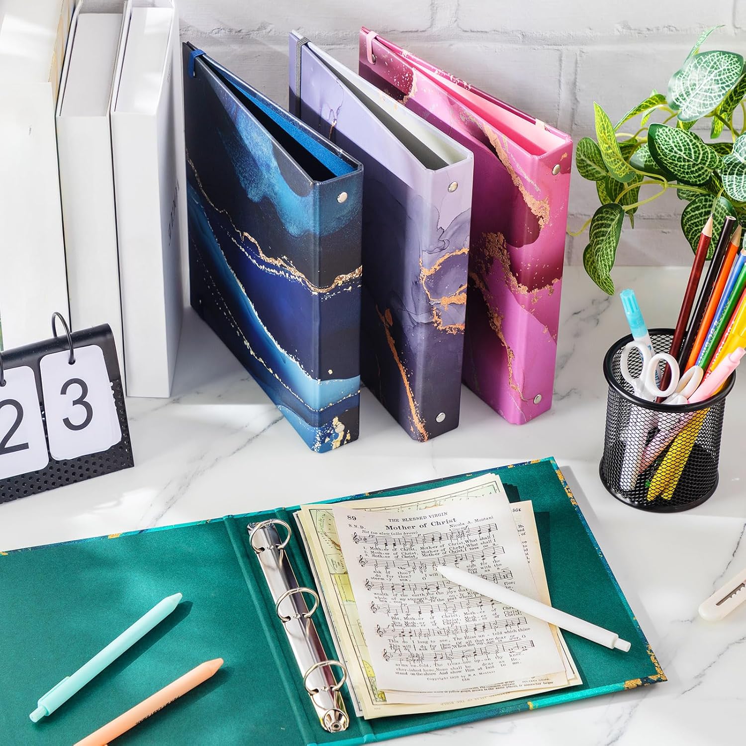 Colarr 4 Pcs Mini 3 Ring Binders for 5.5'' x 8.5'' Paper, Economy Small 1 Inch Round Ring Cute Marble Binders Decorative Hardcover with Elastic Cord for School Office Supplies and Home Use