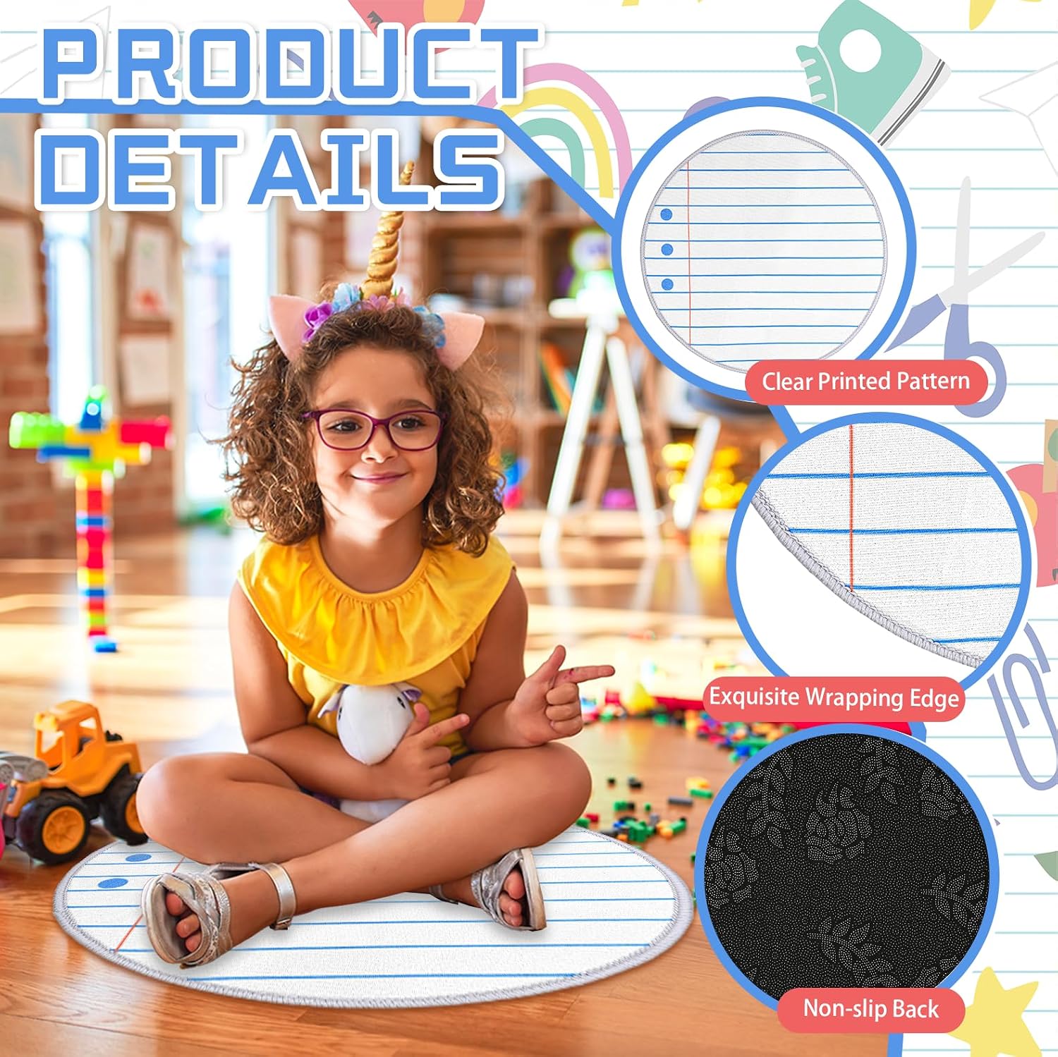 12 Pcs Notebook Line Carpet Seats 15.8 Inch Notebook Non Slip Floor Mat Back to School Notebook Circle Cushions Decor for Preschool Kindergarten Daycare Elementary School Learning Playing Areas
