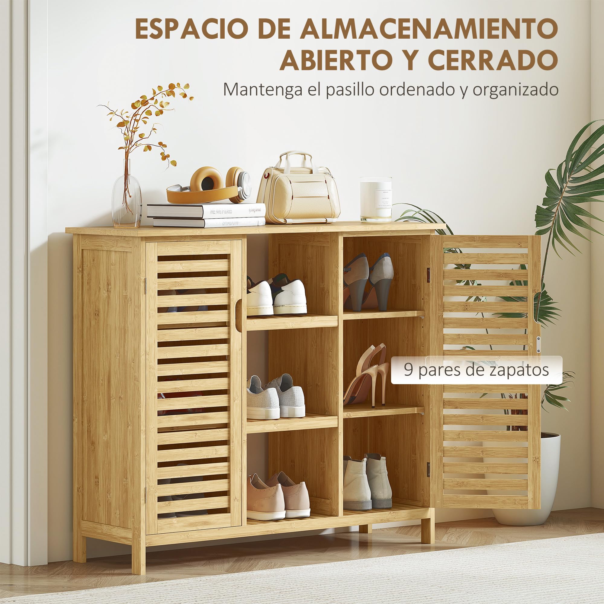 Armario de Almacenaje de Bambú 2 Puertas de Lamas 100x33x86 cm Natural | HOMCOM, Mueble Recibidor con Estantes y Compartimentos Abiertos, para Salón, Entrada