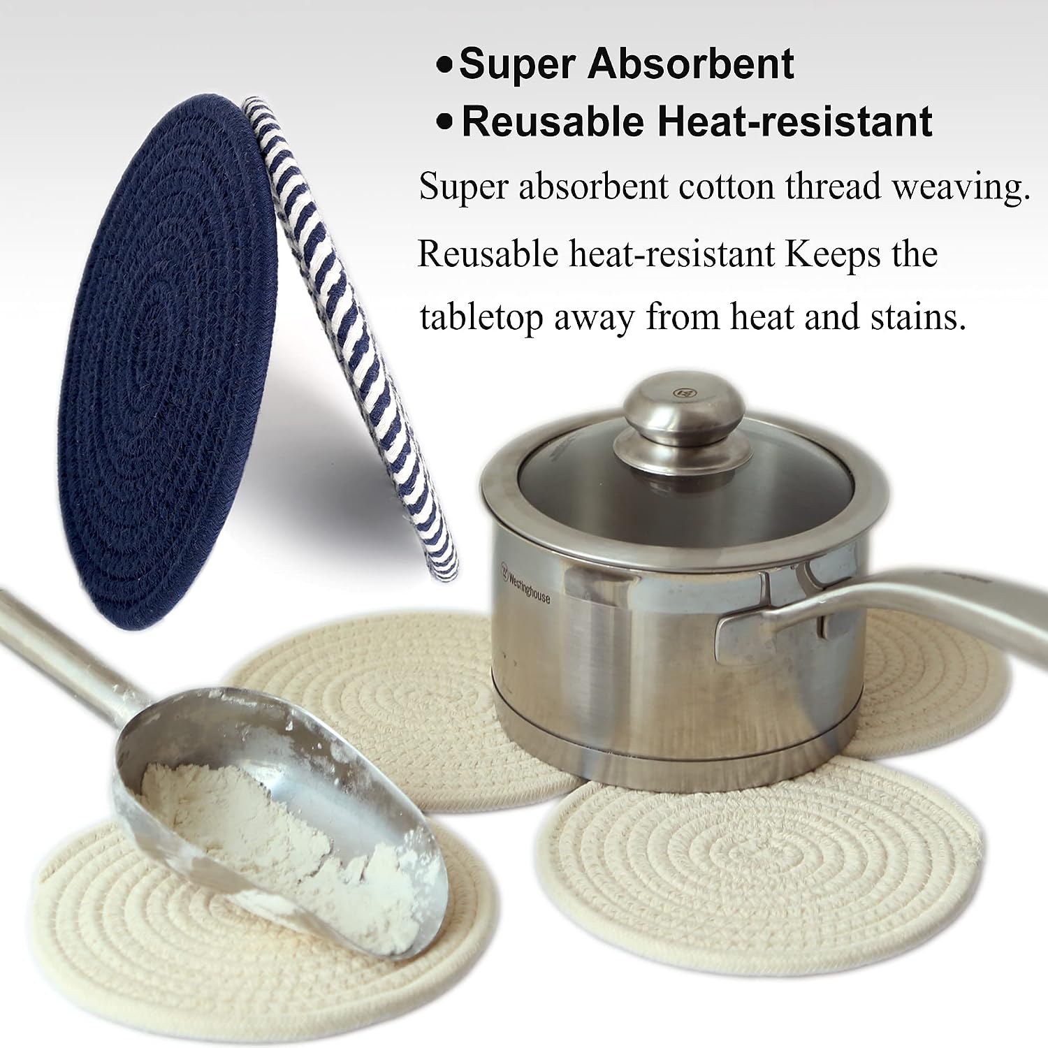 KAKAMAY Pot Holders for Kitchen Trivet Set 100% Cotton Thread Weave(Set of 3),Hot Pads for Kitchen Trivets for Hot Dishes Hot Pots and Pans by Diameter 7 Inches Navyblue