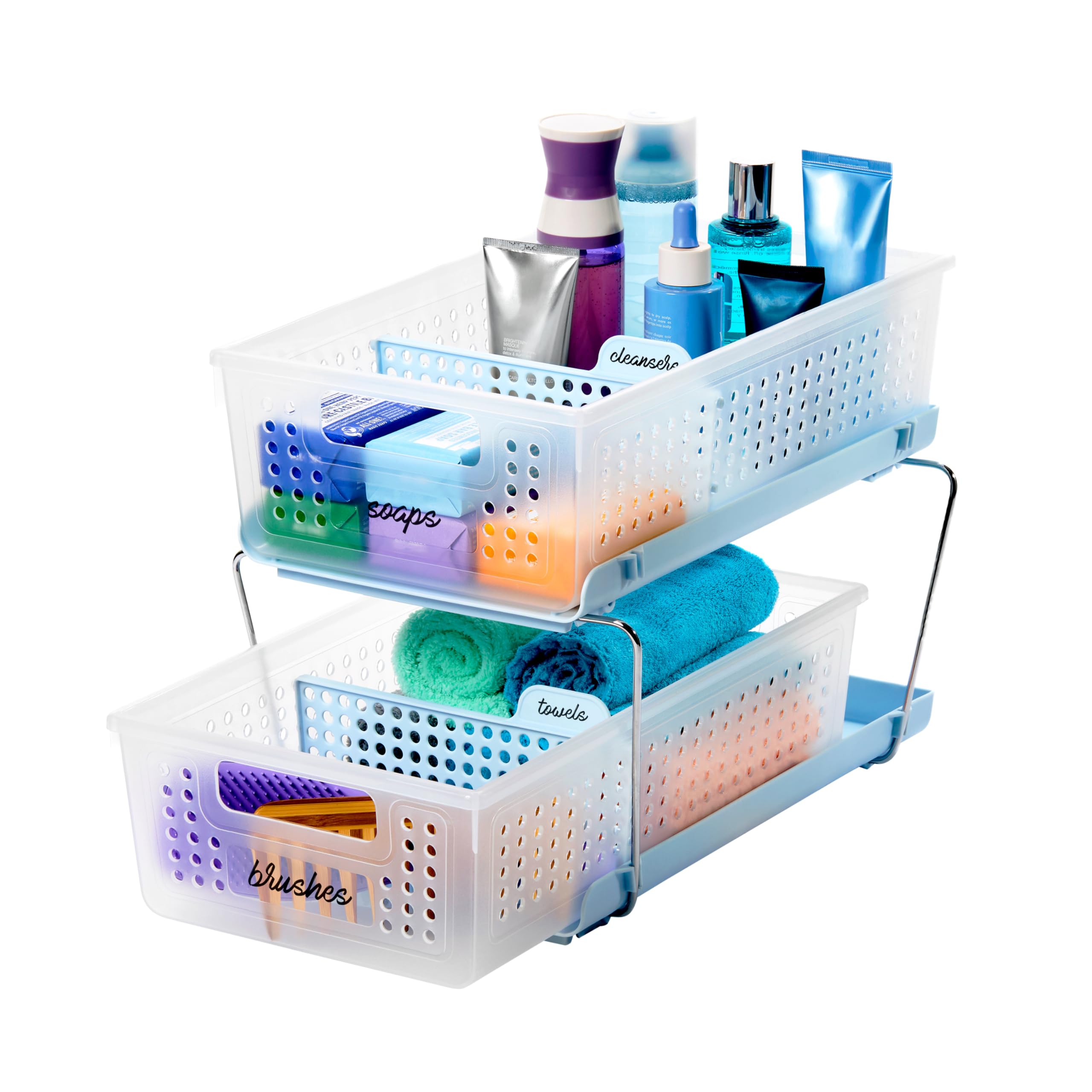 madesmart2-Tier Plastic Multipurpose Organizer with Divided Slide-Out Storage Bins, Under Sink and Cabinet Organizer Rack, Frost
