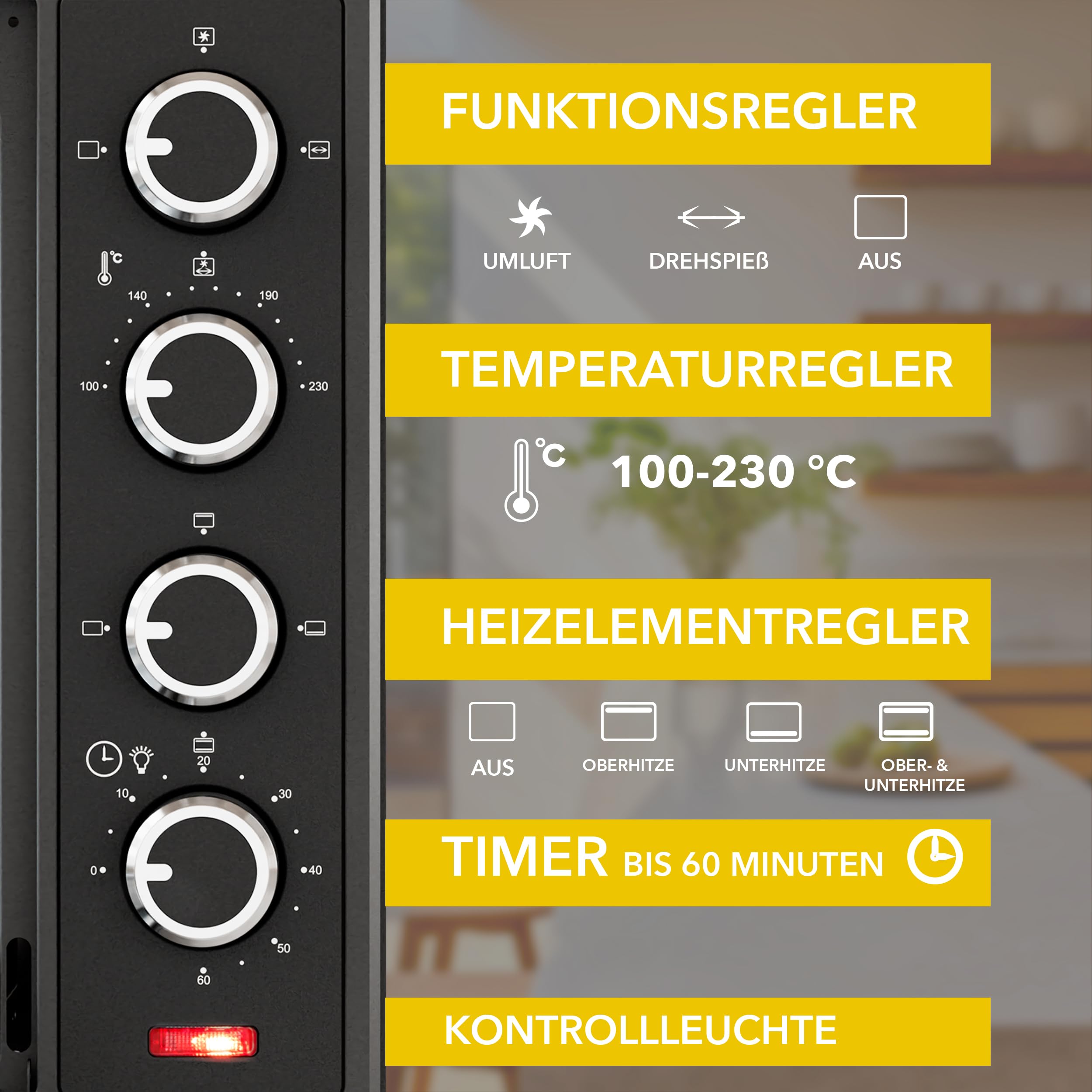 Heinrich´s Minibackofen mit Umluft 60L - Backofen klein mit Drehspieß, Airfryer-Einsatz inkl. Timer, Innenraumbeleuchtung, 100-230 °C, mit großem Sichtfenster, inkl. Zubehör, schwarz, 2000W