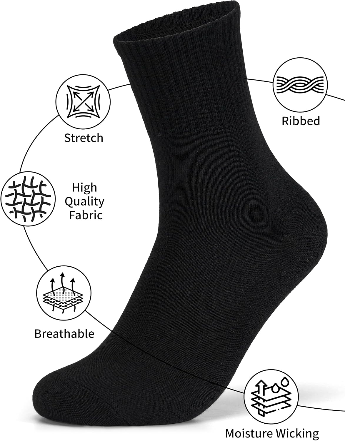 Forony Mens Crew Socks Premium Athletic Shoe Size 8-13 Black/White Ribbed 8 Pairs image 3