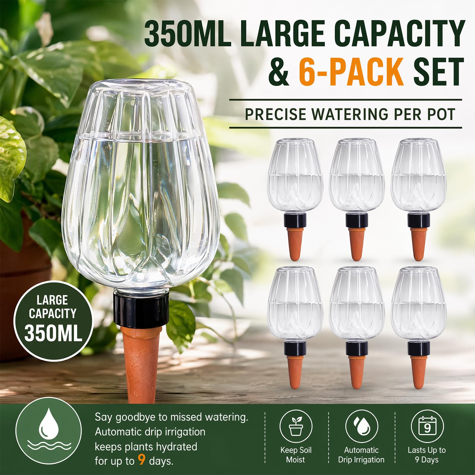 Set 6 sfere annaffiatura automatica 350ml | punta porosa plastica sistema irrigazione automatico per piante domestiche balcone giardino durante le vacanze