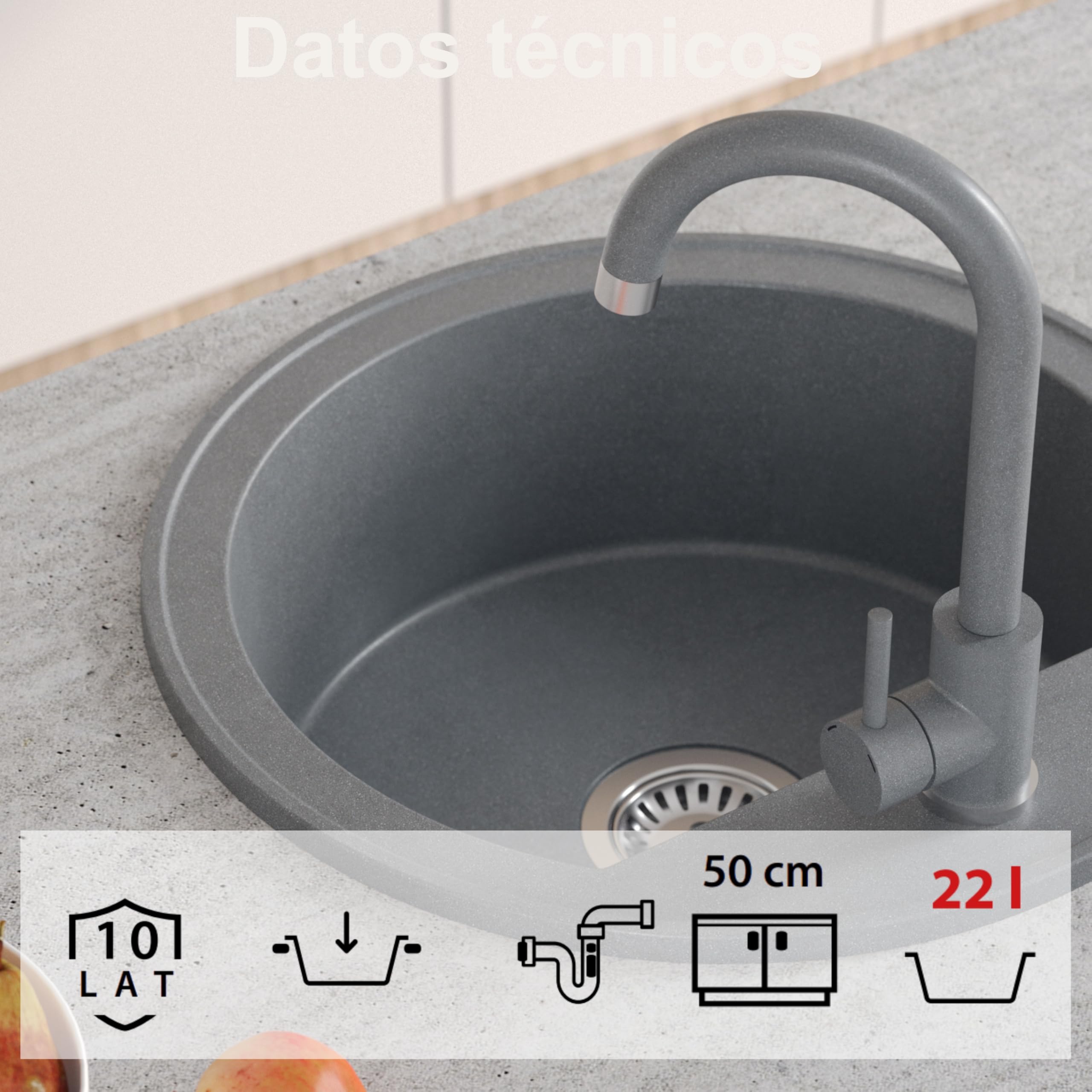 QUADRON fregadero de cocina redondo | tamaño 51 x 51 x 18 cm, diámetro 43, beige y acero | fregadero de granito JOHNNY 210 | fregadero empotrado con orificio para grifo | fregadero de un seno