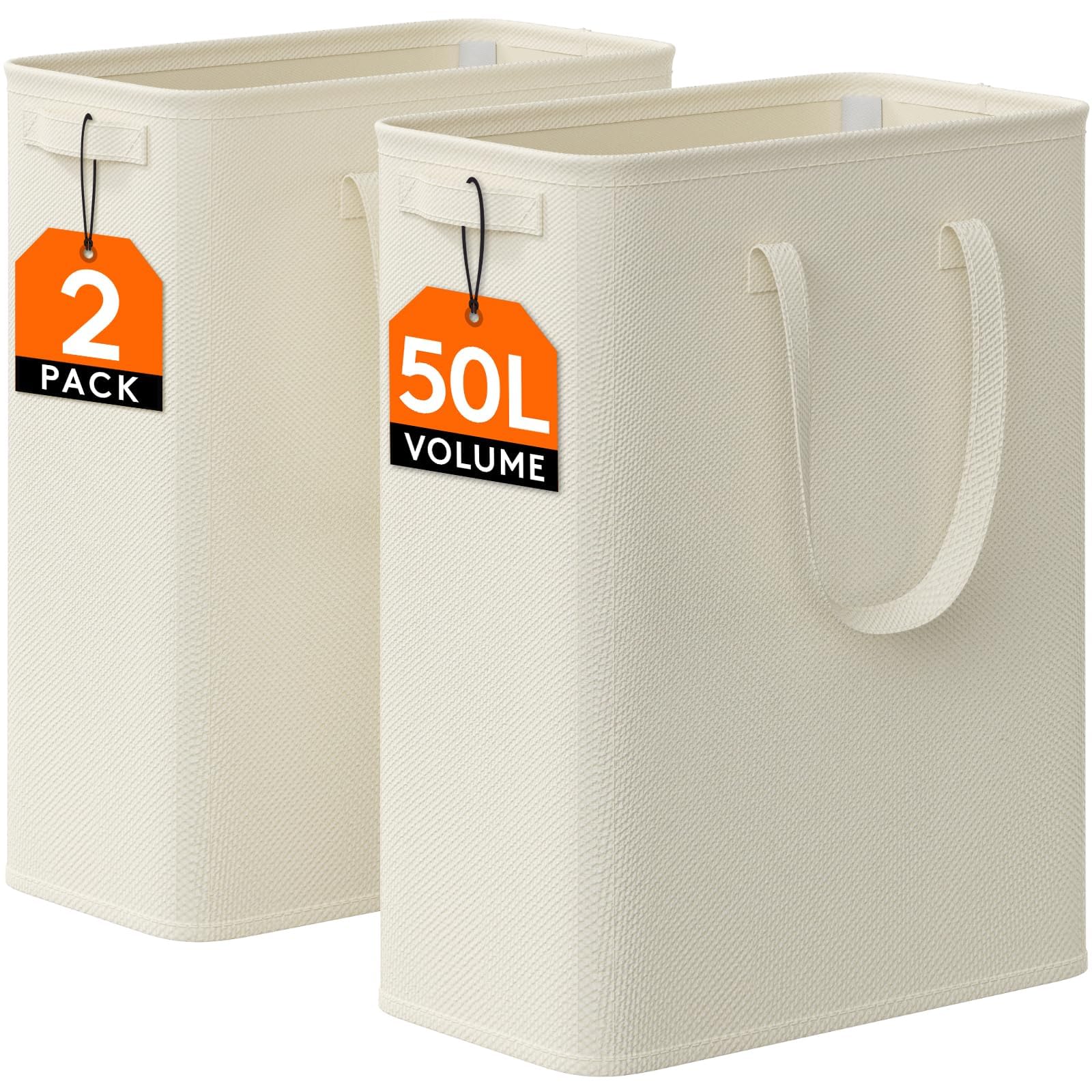 Lifewit 2 Pack Slim Laundry Hamper, Collapsible Narrow Laundry Basket, Small Tall Dirty Clothes Hampers with Handles for Bathroom Bedroom College Dorm, White, 50L