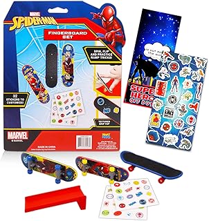 Marvel Spiderman Fingerboard Toy Set ~ 3 Pc Bundle with Marvel Spiderman Finger Skateboard for Kids, Spiderman Stickers, and Door Hanger (Superhero Party Favors)