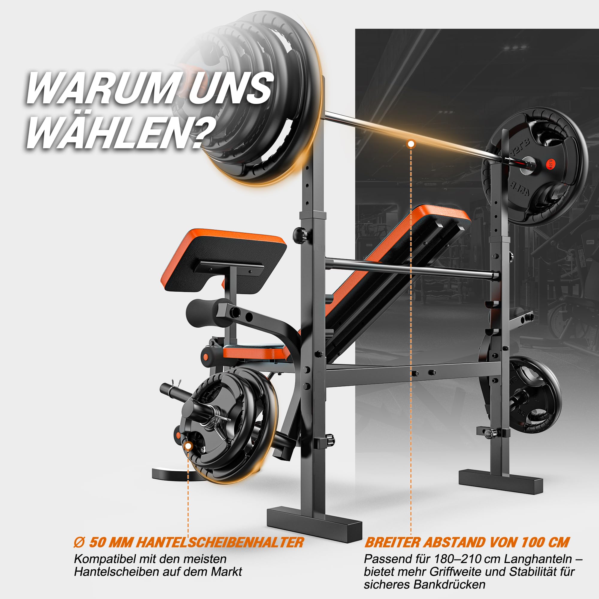 XDDIAS Hantelbank Verstellbar für Zuhause, Flach-/Schrägbank mit Squat Rack,Curlpult & Beinstrecker, Langhantelbank für Krafttraining, 350 kg Belastbarkeit