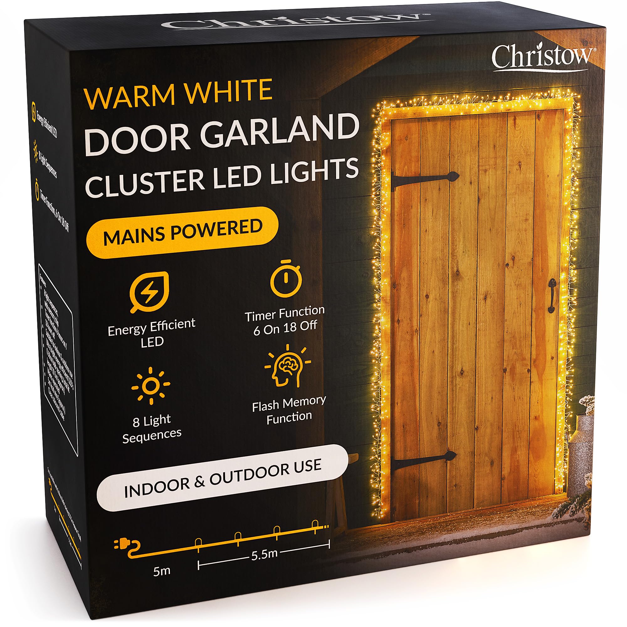 Christow Christmas Cluster Light Door Garland, 800 Warm White Micro LED Decoration with Timer, 8 Light Modes Flashing & Static, Indoor & Outdoor Use, Mains Powered, 5.5m for Standard Door