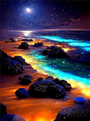 Miniatura 1 de Yunnuo Kits de pintura de diamantes de playa para adultos, pintura de diamante de luna 5D, kit de gemas de pintura de paisaje, paisaje de luna de