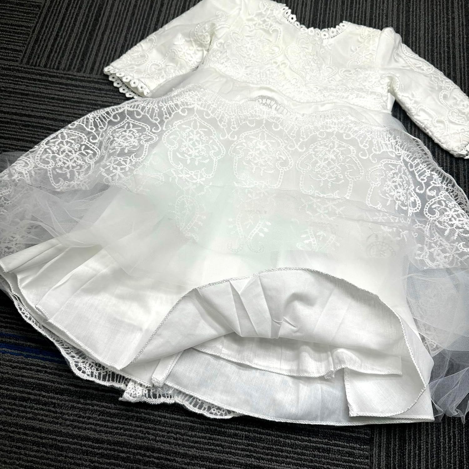 Baby Girls Long Sleeve Christening Dress Classic Embroidered Baptism Tulle Dress